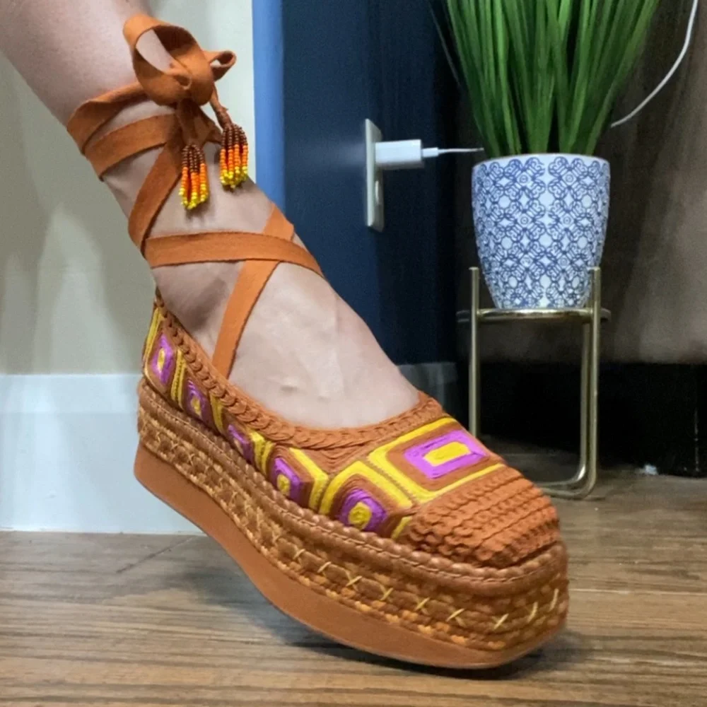 FARM Rio Brown Platform Espadrilles with Yellow & Purple Accents - Picture 13 of 16